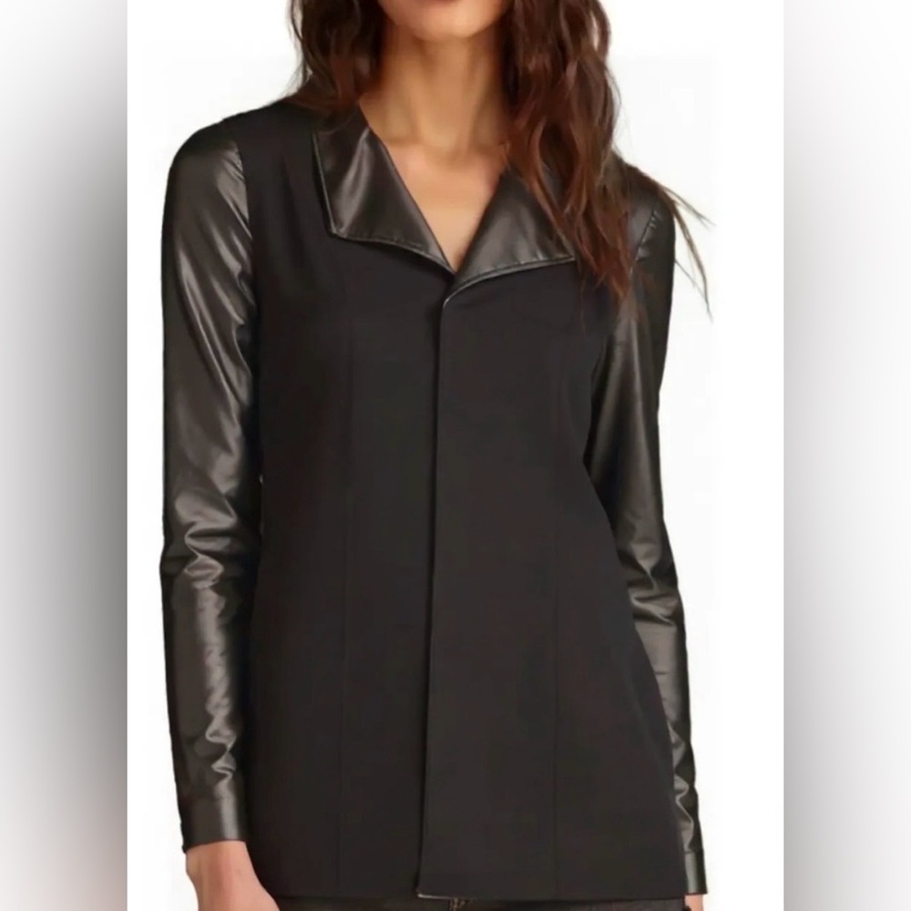 NWT Anne Klein Black Faux Leather Sleeve Blazer Jacket Large Workwear